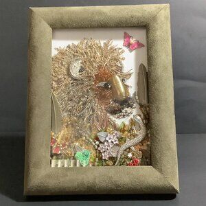 JEWELED PICTURE Vintage Mod Jewelry Lion Flowers Lizard Vtg Green Frame 9x6 OOAK
